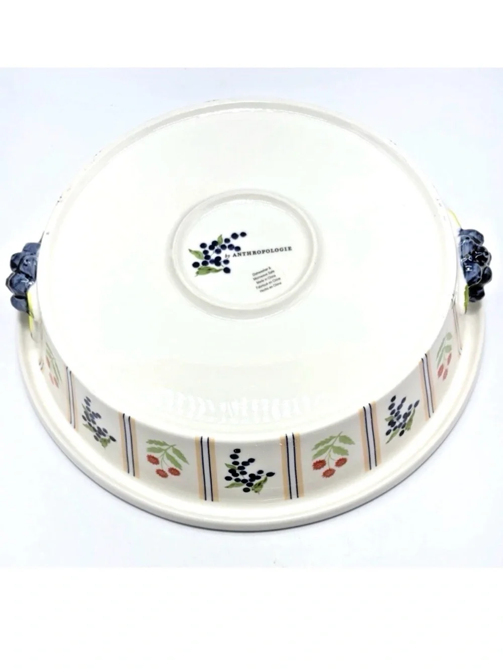 Anthropologie Blue & White Checker Serving Bowl with Fruit Motif